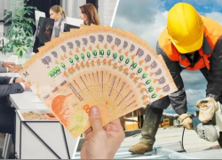 Fotomontaje: oficinista, obrero construcción y billetes de mil pesos